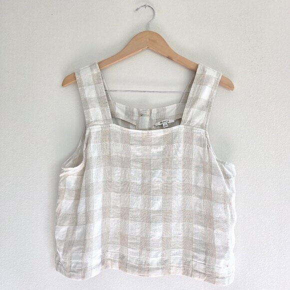 Madewell Gingham Linen Button Back Crop Top Undyed Natural Color Square Neckline - Picture 2 of 7